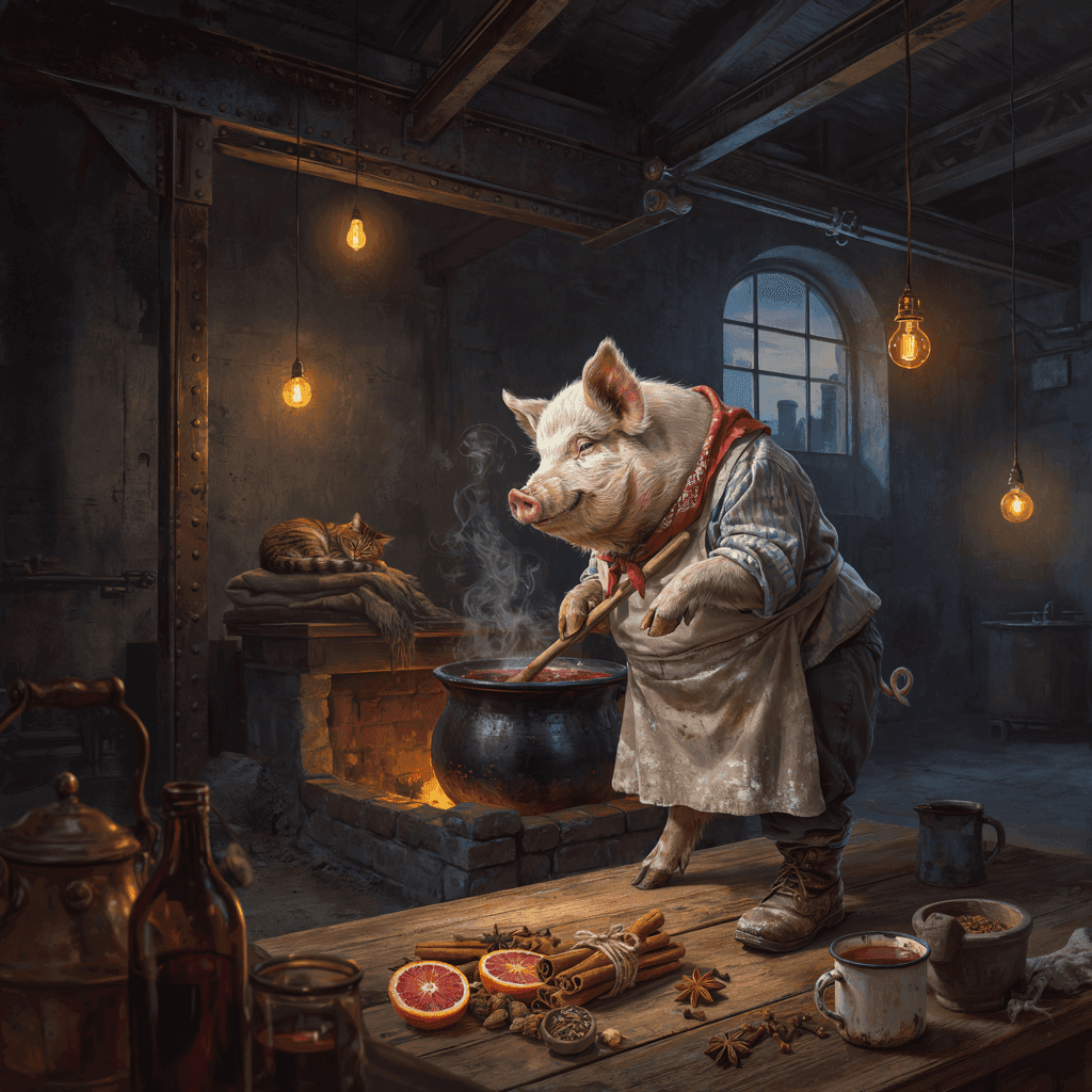 Illustration av en gris i förkläde som lagar glögg över öppen eld i ett bryggeri, med apelsiner och kanelstänger på bordet