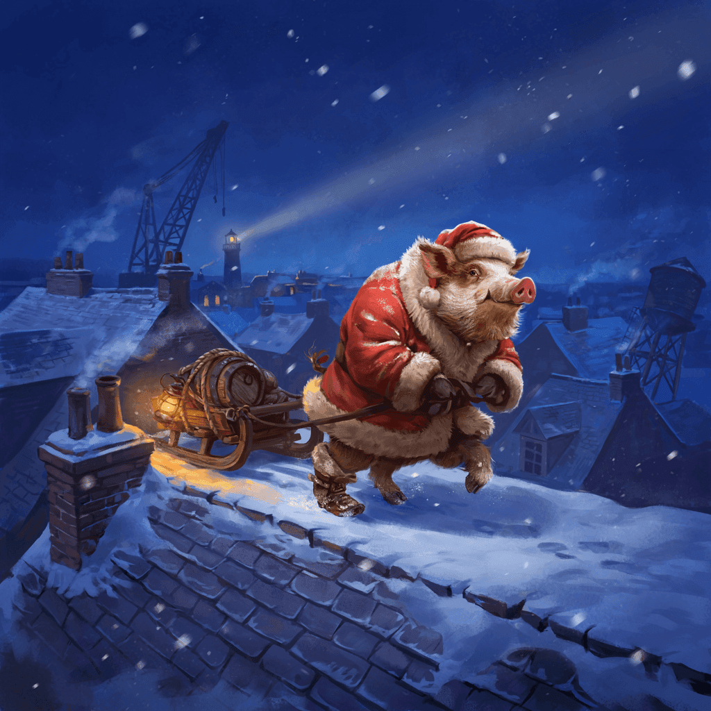 Illustration av en gris klädd som jultomten som drar en släde med ett ölfat över snötäckta hustak på natten