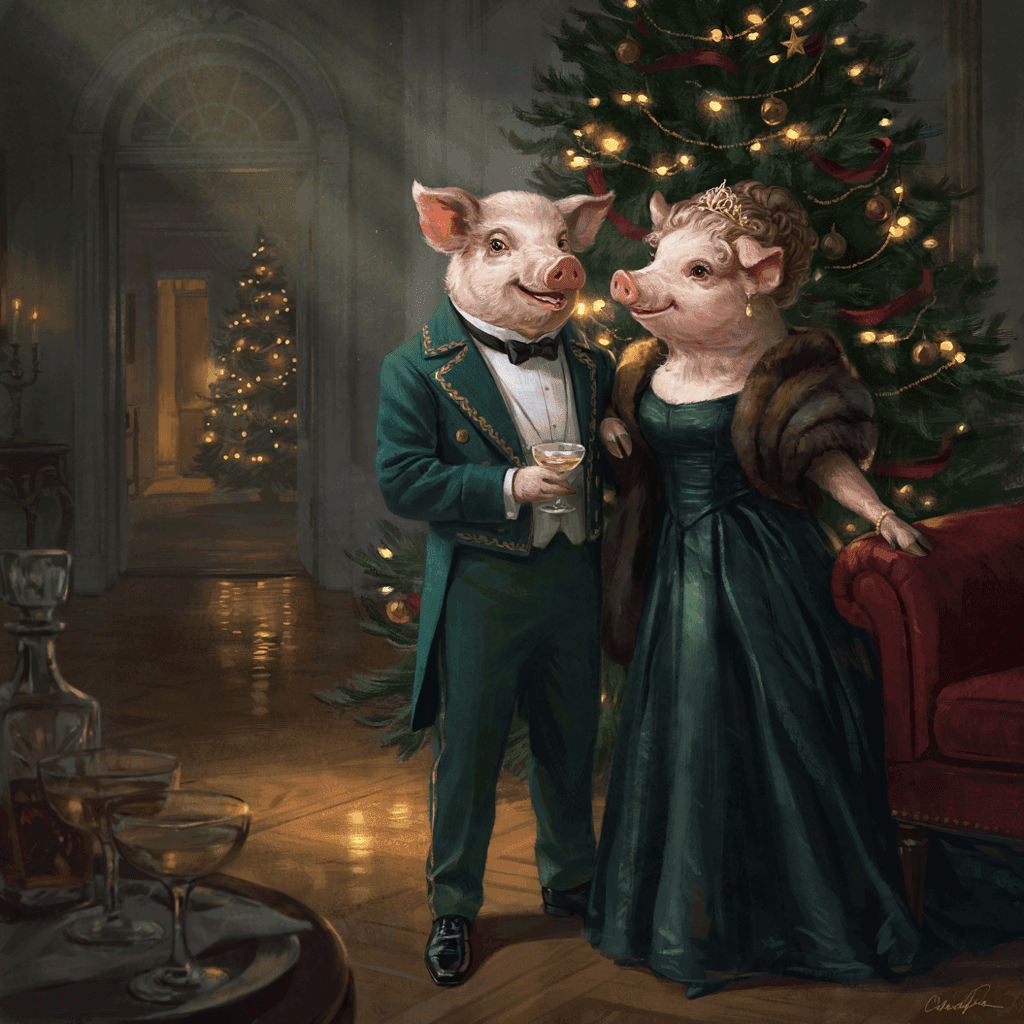 Illustration av två grisar i finkläder vid en julgran med levande ljus och vinglas, i festlig julstämning