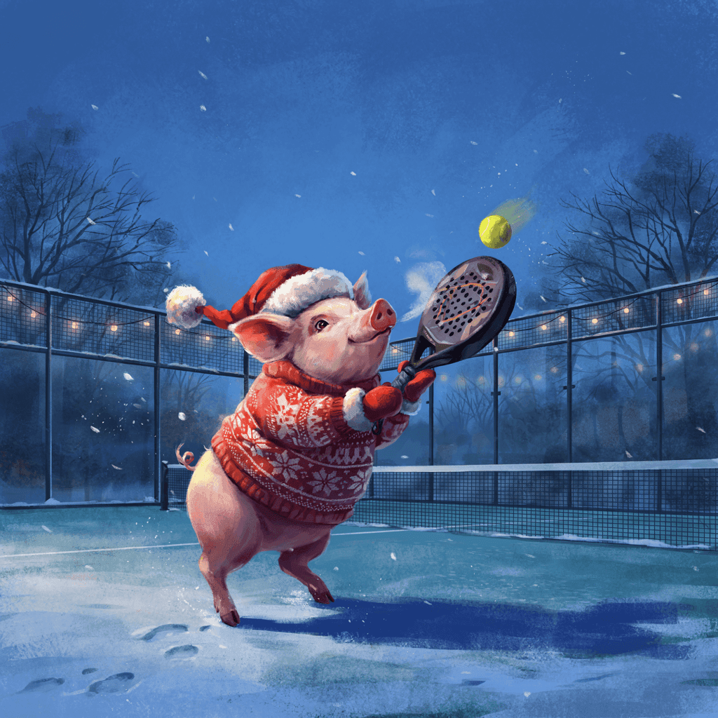 Illustration av en gris i tomteluva och julmönstrad tröja som spelar padel utomhus i snöfall