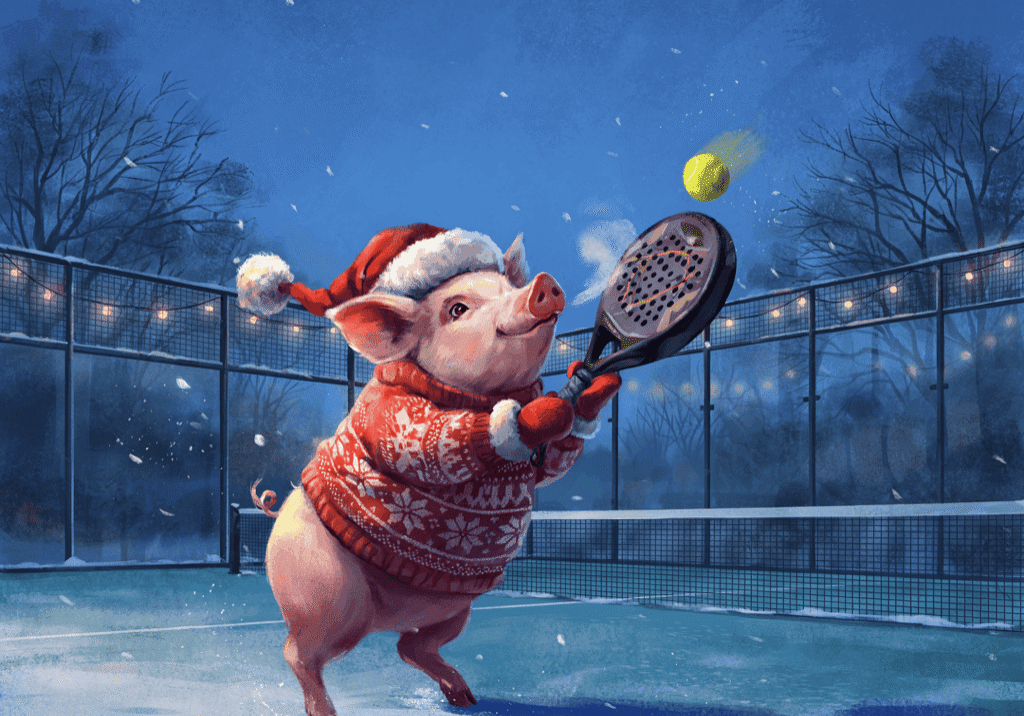Illustration av en gris i tomteluva och julmönstrad tröja som spelar padel utomhus i snöfall